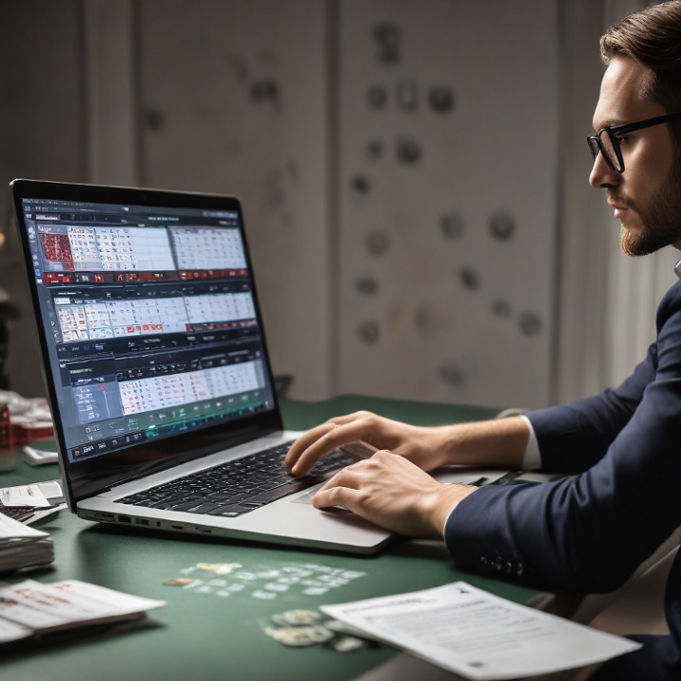 A focused individual sits at a desk, using a laptop to research smart online baccarat betting strategies.