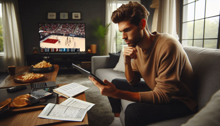 A focused young man analyzes betting odds on his tablet while watching an NBA broadcast at home.