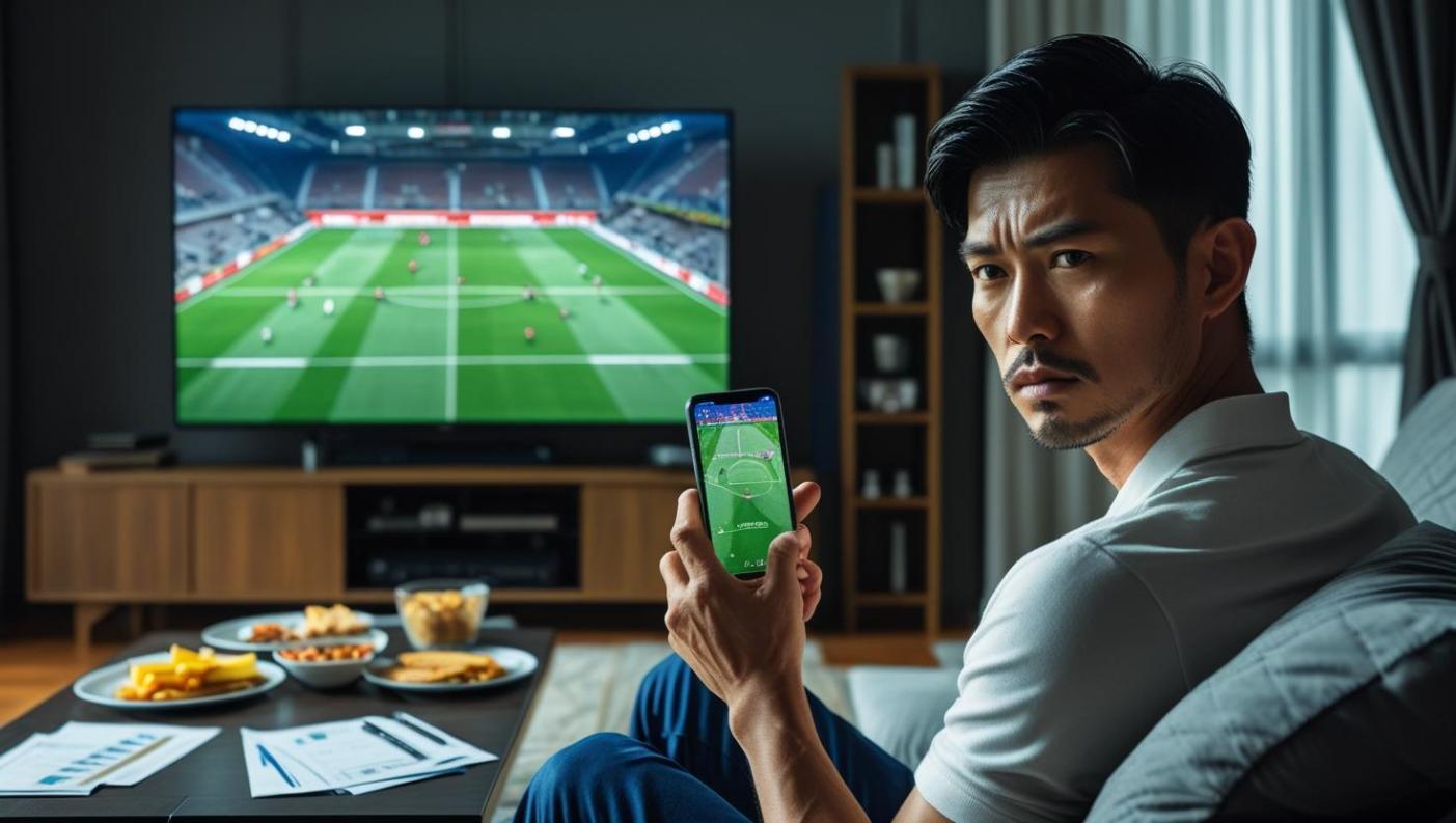 Man watches soccer seriously.