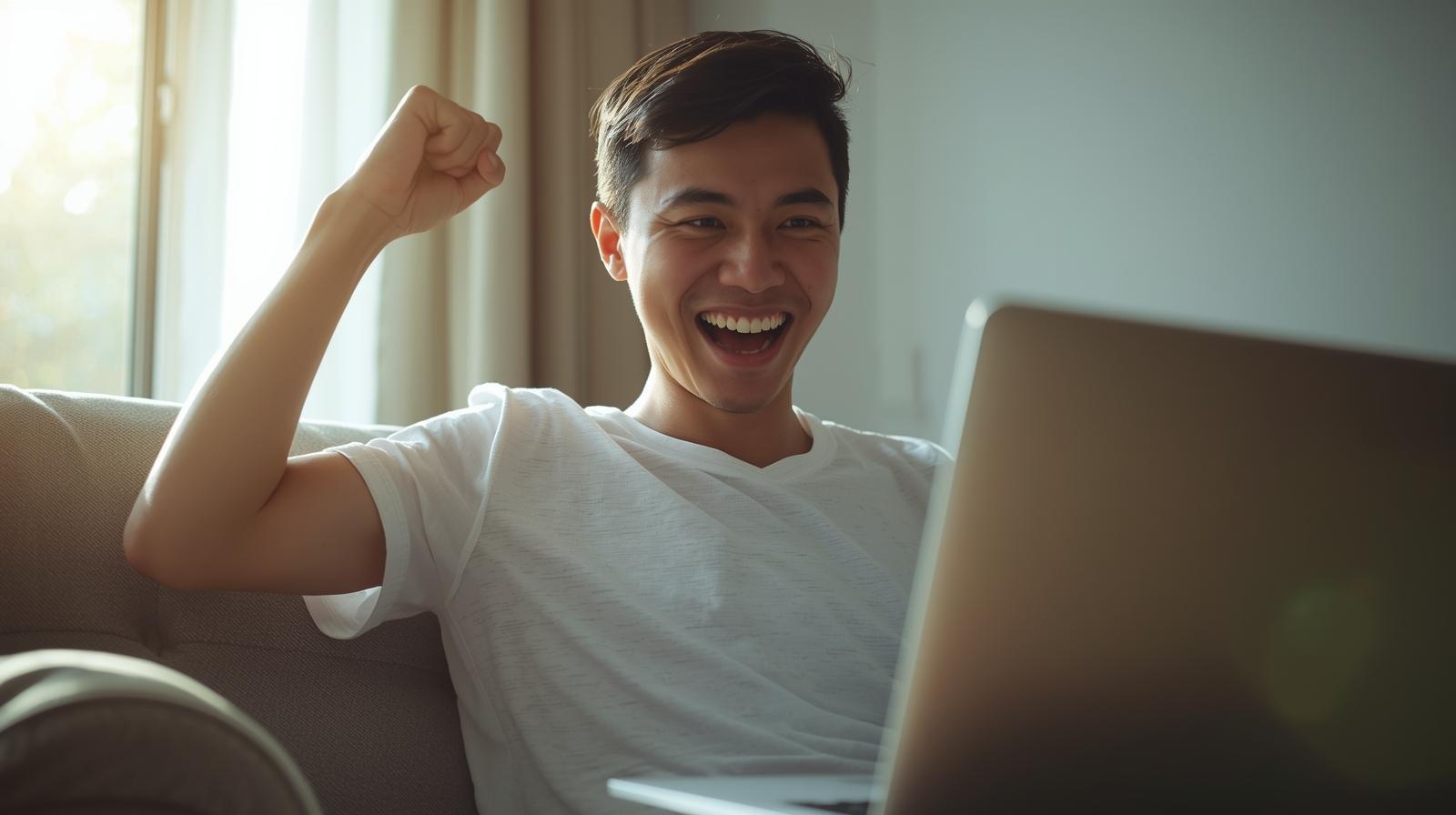 Excited man at home celebrates online casino win with blurred laptop screen.