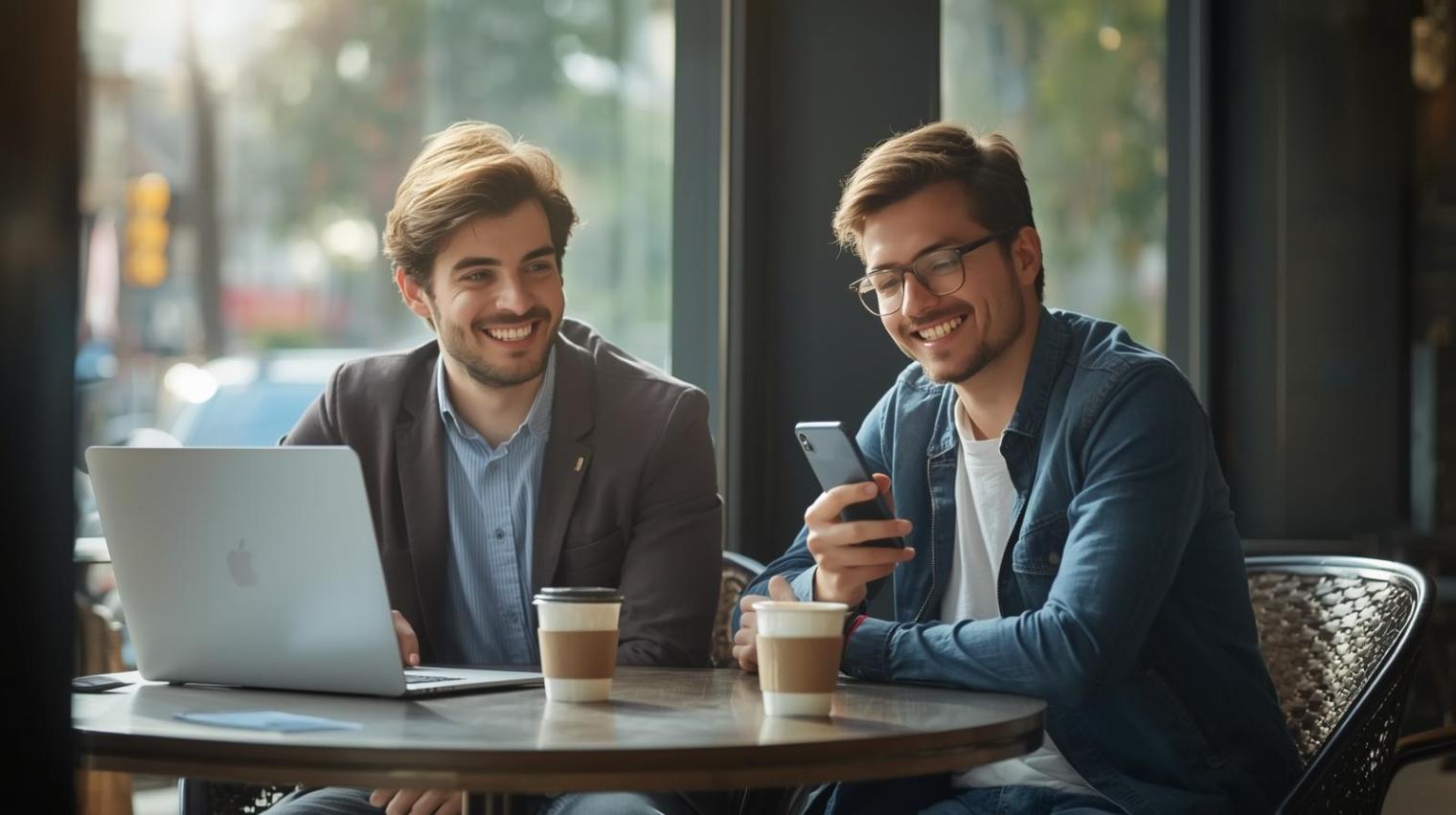 Young European adult smiling at café table browsing online casino on laptop.