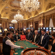 A group of Italian players standing around a casino table game. 