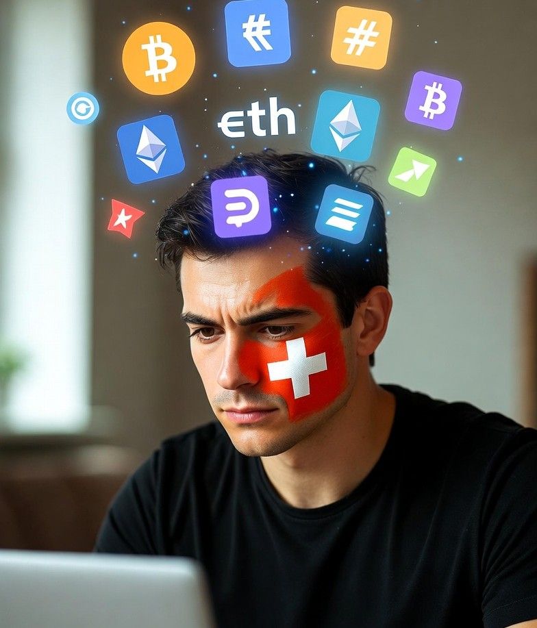 player using a laptop with crypto icons floating above.