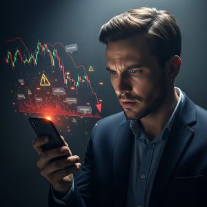 A gambler looking concerned at multiple small transaction notifications on a phone, financial graphs showing losses, and warning symbols.
