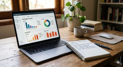 A clean financial planning setup with a laptop showing a budgeting app, charts tracking gambling expenses, a notebook with limits written down