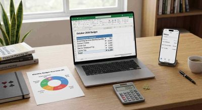 A clean budgeting workspace with a calculator, spreadsheet showing entertainment expenses, smartphone transaction history, monthly budget chart, and subtle gambling symbols.
